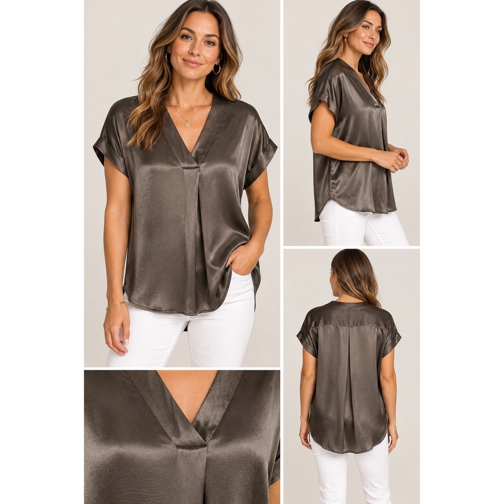 Rails Bronze Satin V-Neck Short Sleeve Blouse Top Large